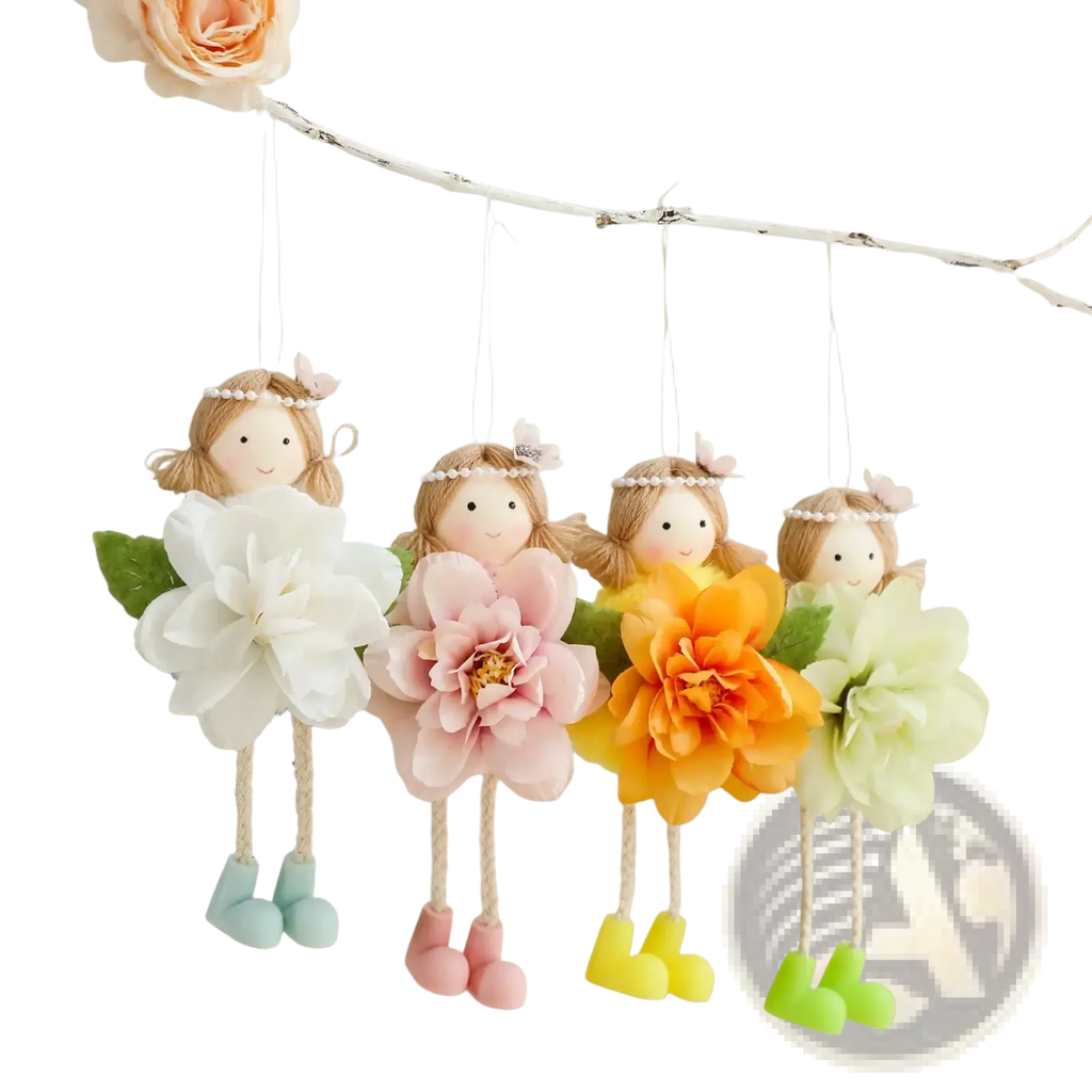 Easter fairy hanging ornaments 4-pack with blonde hair, pearl headbands, oversized fabric flowers, and colorful boot feet