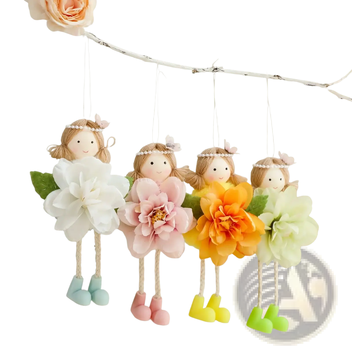 Easter fairy hanging ornaments 4-pack with blonde hair, pearl headbands, oversized fabric flowers, and colorful boot feet
