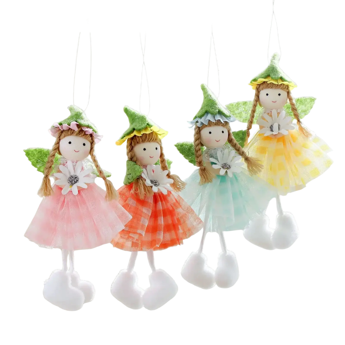 Four colorful Easter fairy hanging ornaments with green hats, braided hair, and tulle tutus in pink, orange, mint, and yellow