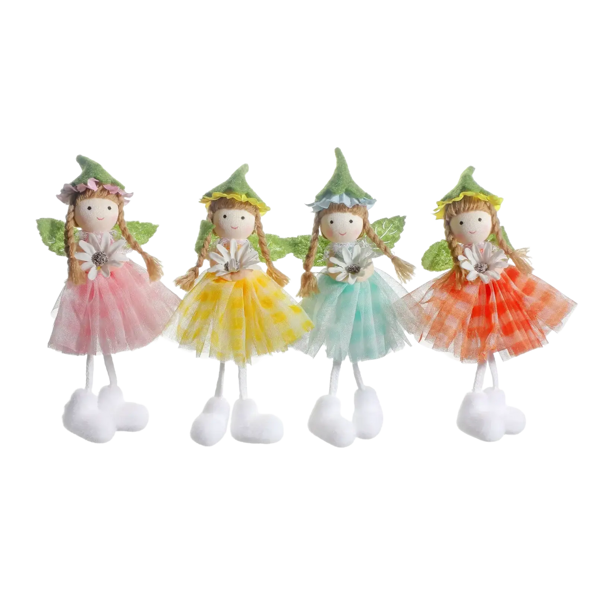 Four colorful easter fairy hanging ornaments with green leafy hats braided hair and tulle skirts in pink yellow teal and orange