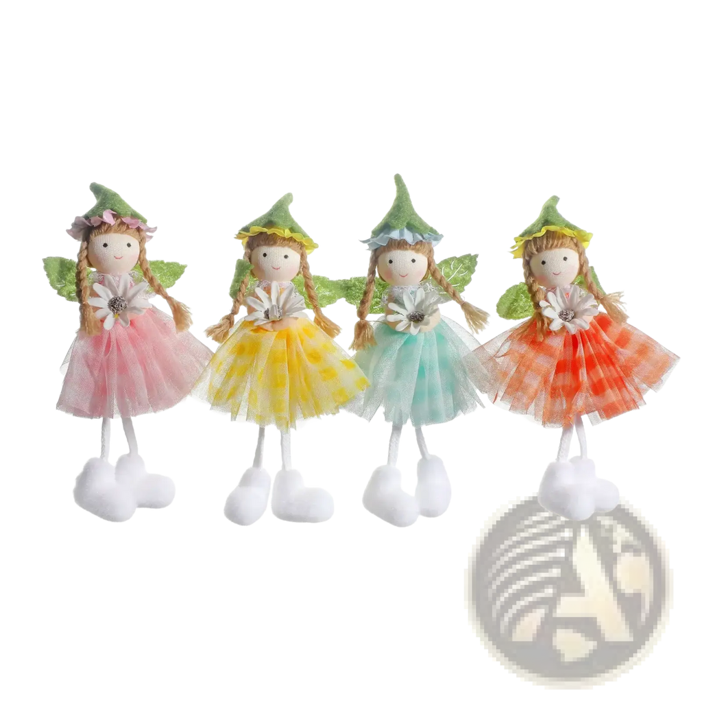 Four colorful easter fairy hanging ornaments with green leafy hats braided hair and tulle skirts in pink yellow teal and orange