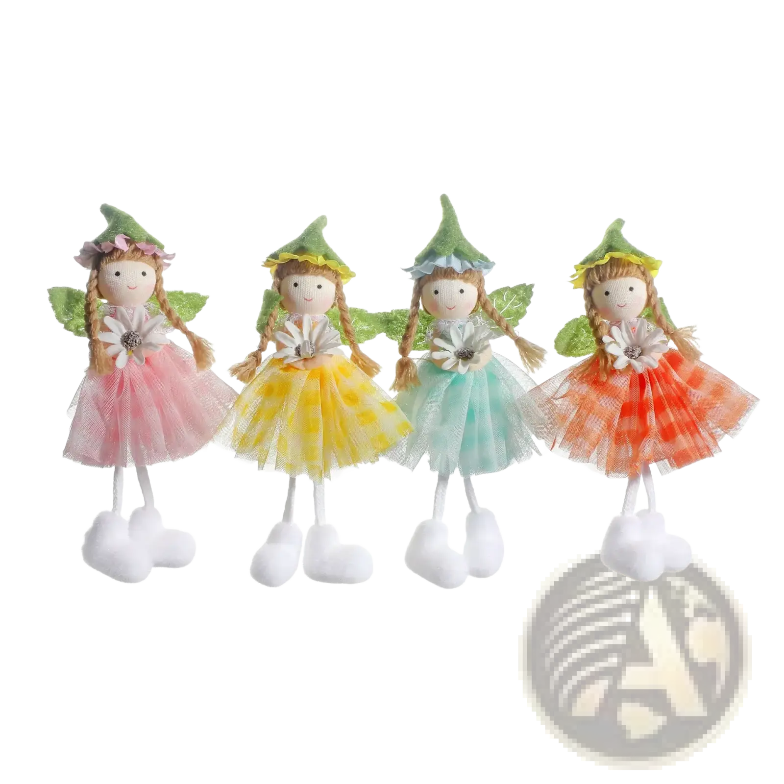 Four colorful easter fairy hanging ornaments with green leafy hats braided hair and tulle skirts in pink yellow teal and orange