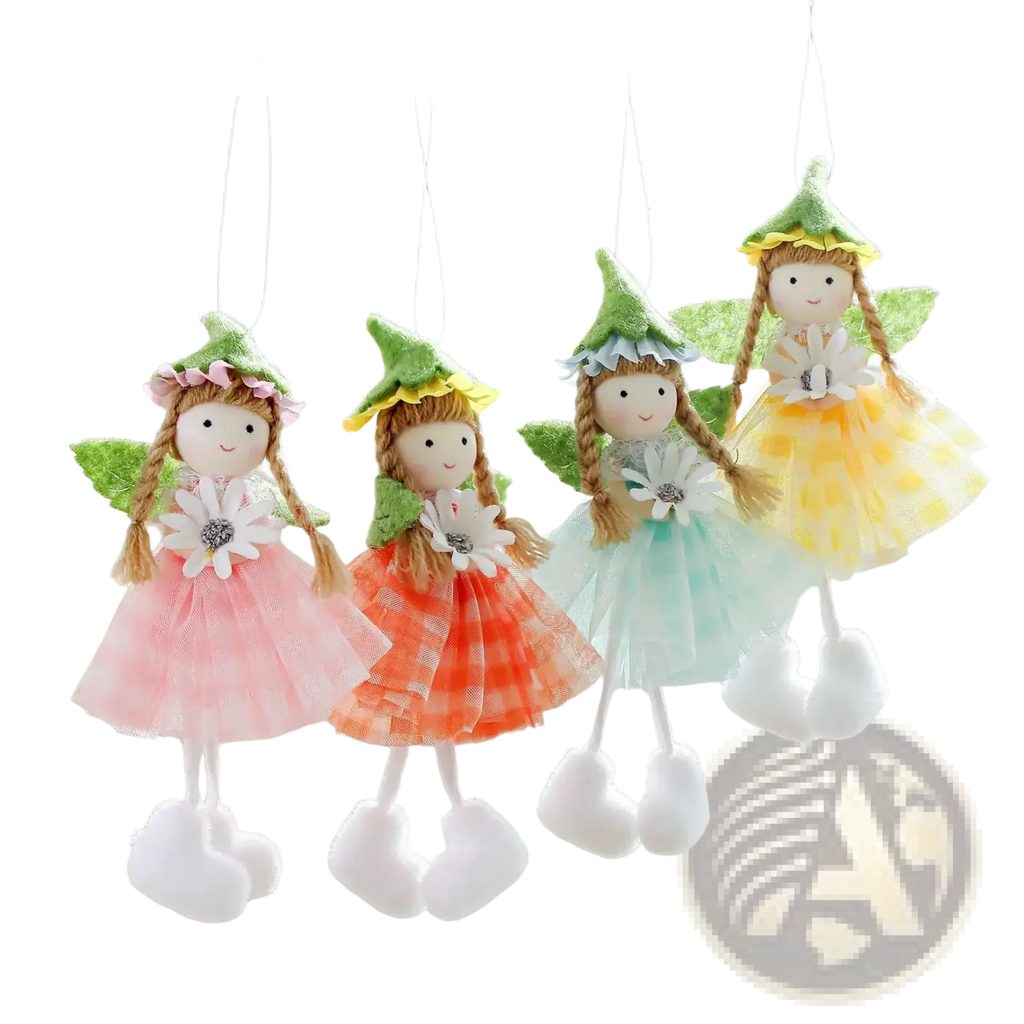 Four colorful Easter fairy hanging ornaments with green hats, braided hair, and tulle tutus in pink, orange, mint, and yellow