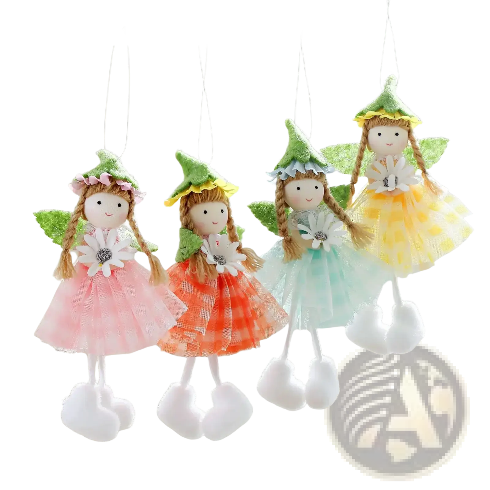 Four colorful Easter fairy hanging ornaments with green hats, braided hair, and tulle tutus in pink, orange, mint, and yellow