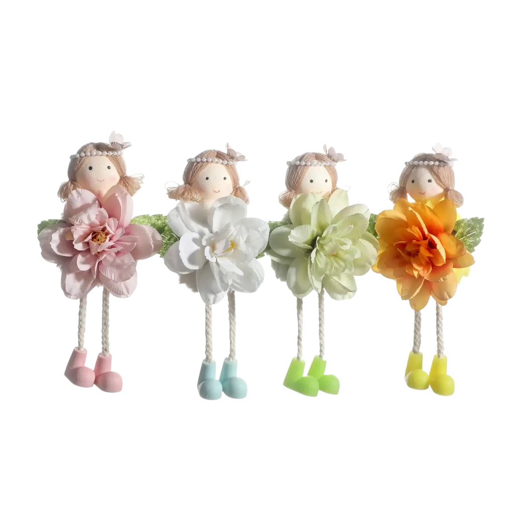 Four decorative Easter fairy hanging ornaments with soft fabric bodies and colorful flower skirts in pink white green and orange