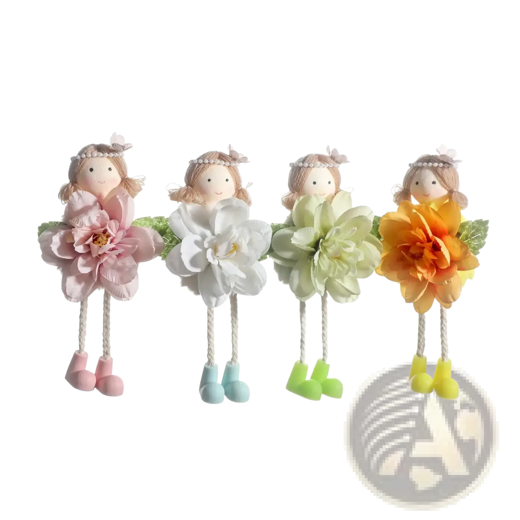 Four decorative Easter fairy hanging ornaments with soft fabric bodies and colorful flower skirts in pink white green and orange