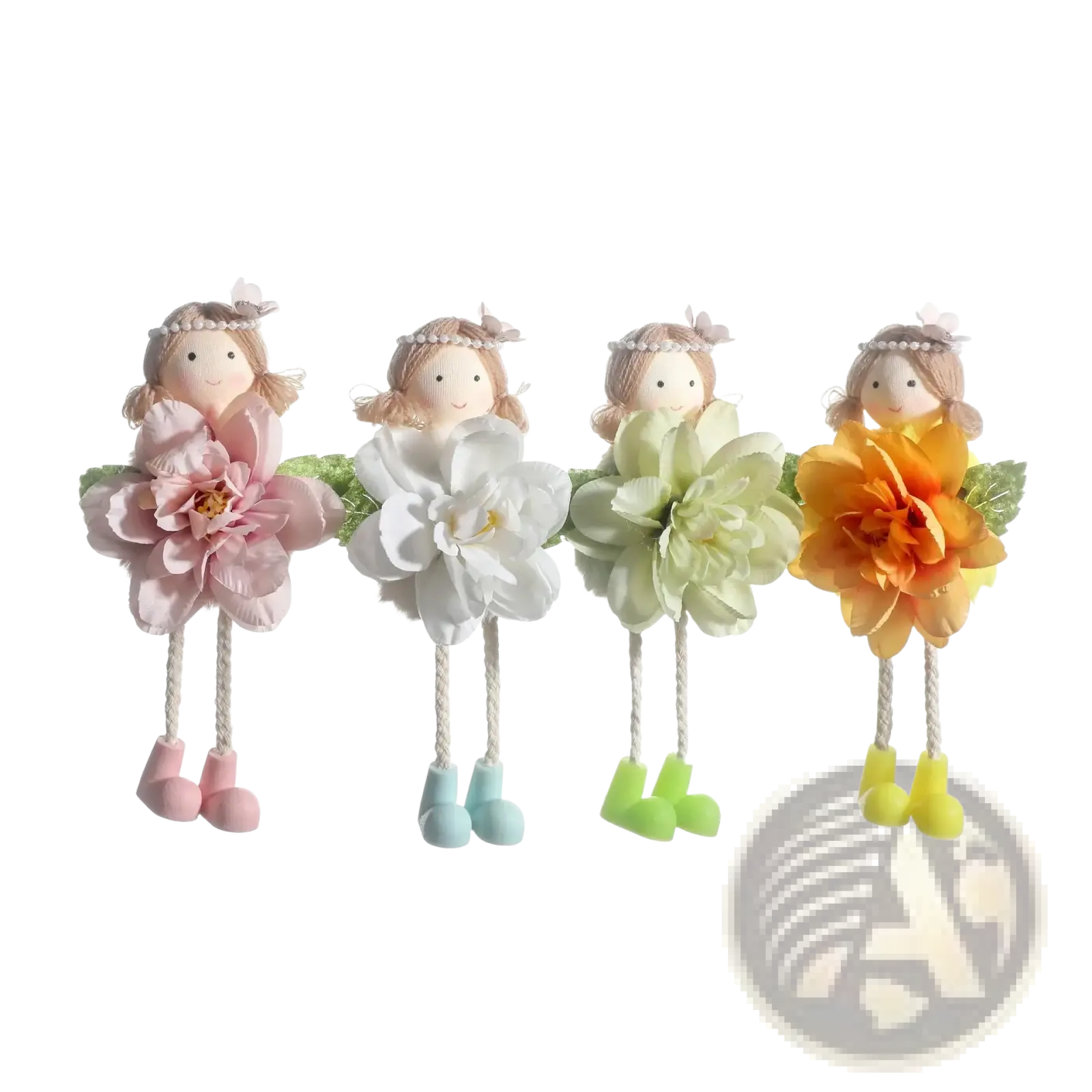 Four decorative Easter fairy hanging ornaments with soft fabric bodies and colorful flower skirts in pink white green and orange