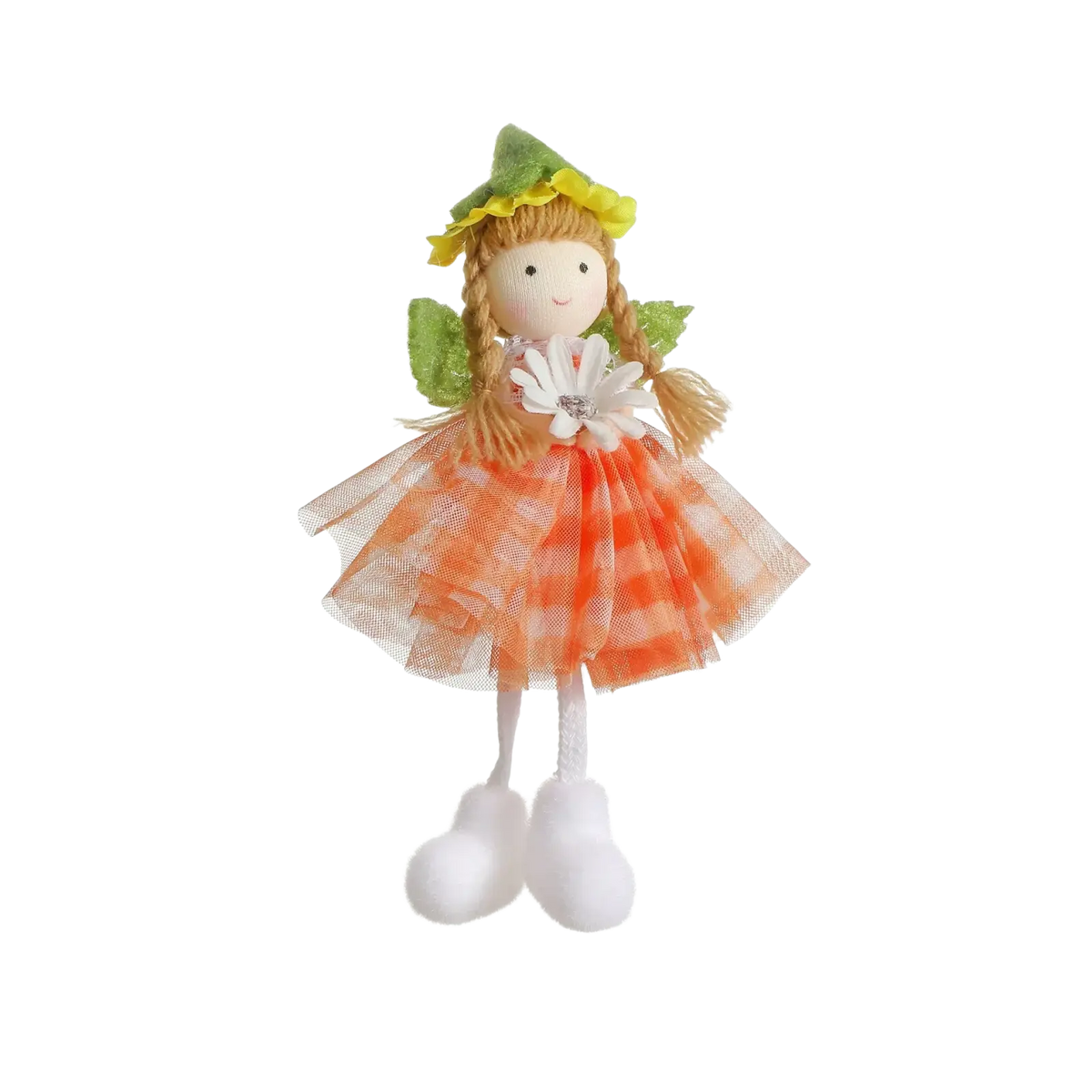 A charming handmade Easter fairy hanging ornament with braided blonde hair green leafy wings and orange white tulle skirt