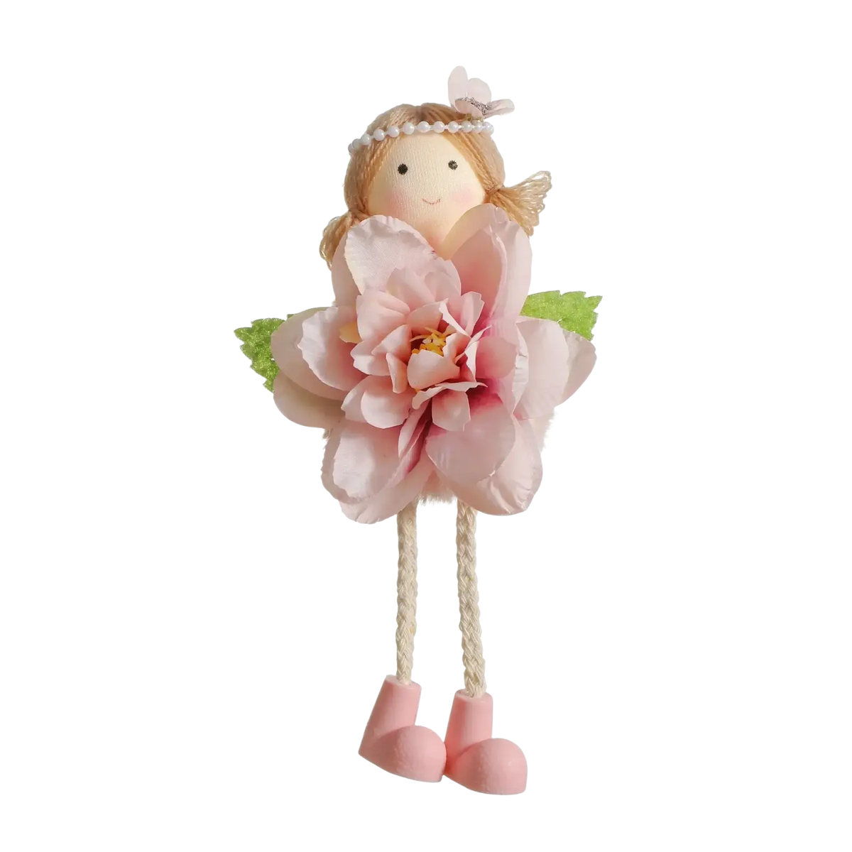 A charming pink fabric fairy figurine with a pearl headband delicate wings and rope legs from easter fairy hanging ornaments 4-pack