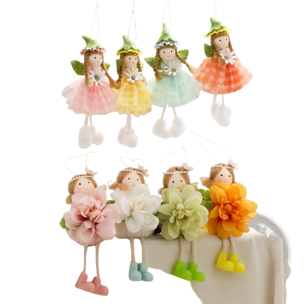 Easter fairy hanging ornaments 4-pack of colorful handmade fabric and embroidered pastel fairy dresses