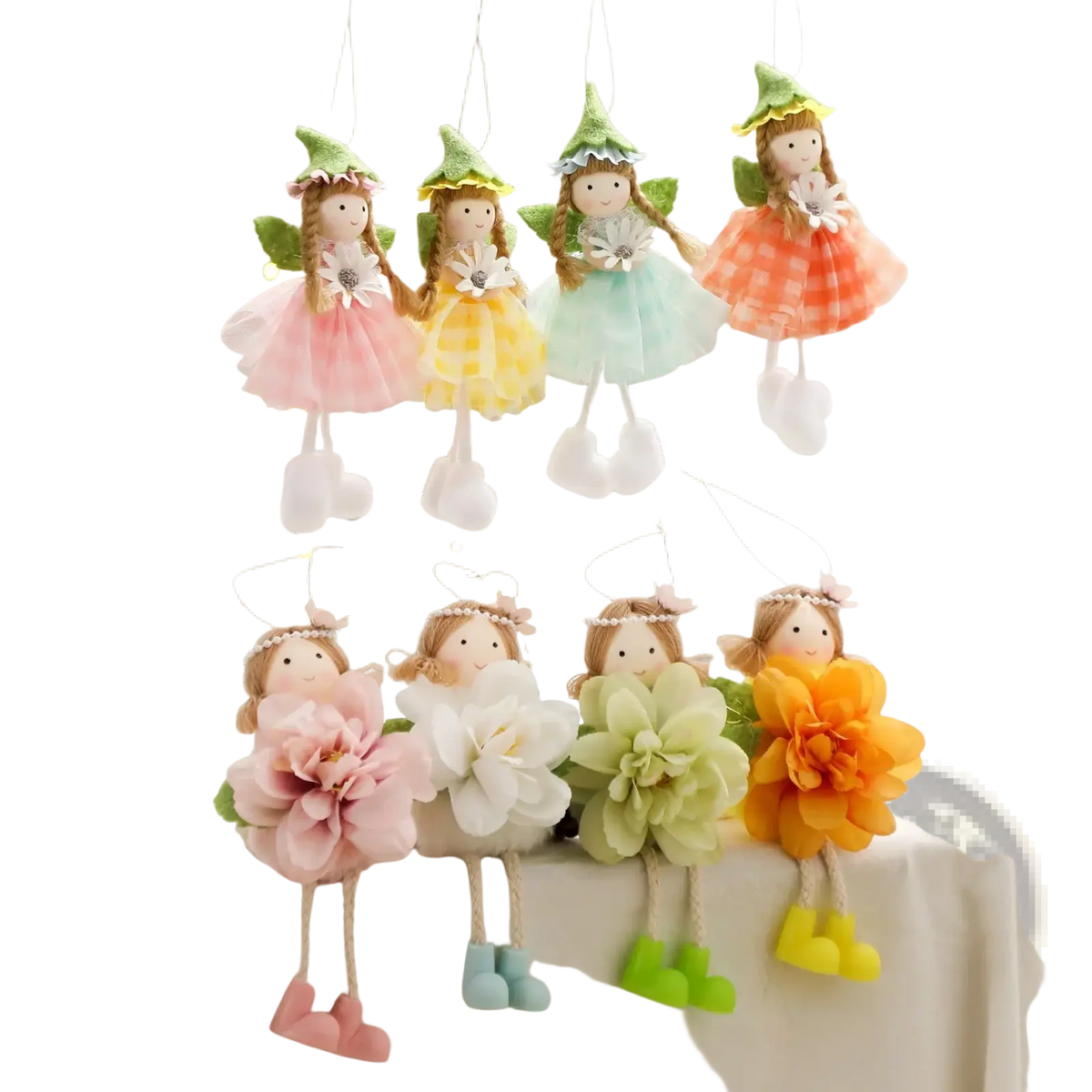 Easter fairy hanging ornaments 4-pack of colorful handmade fabric and embroidered pastel fairy dresses
