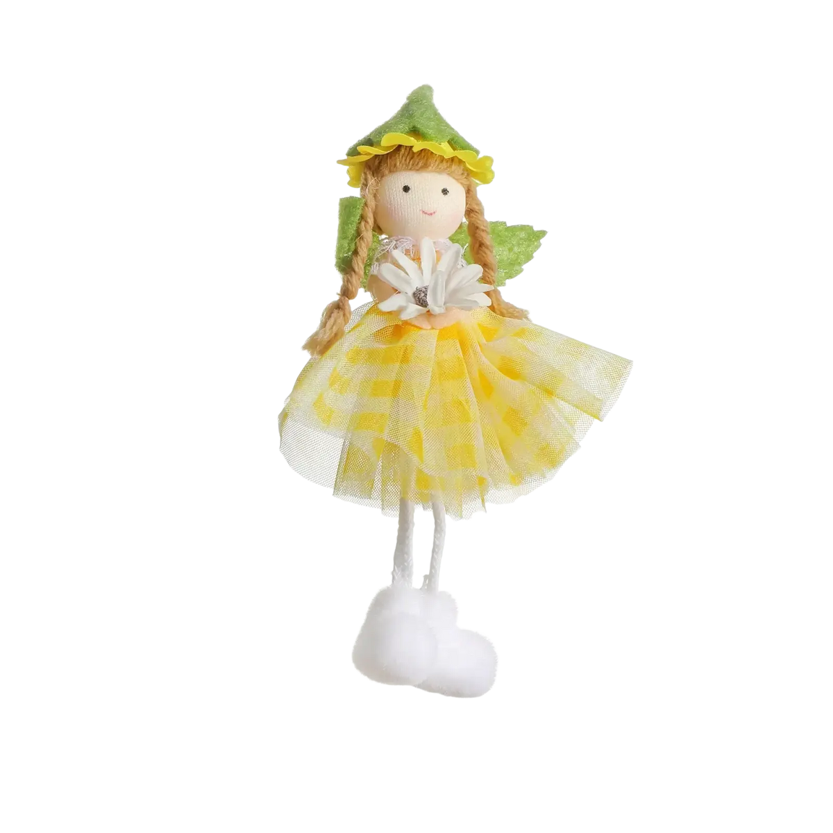 Easter fairy hanging ornament with yellow and green fairy doll wearing checkered tulle skirt and leafy hat
