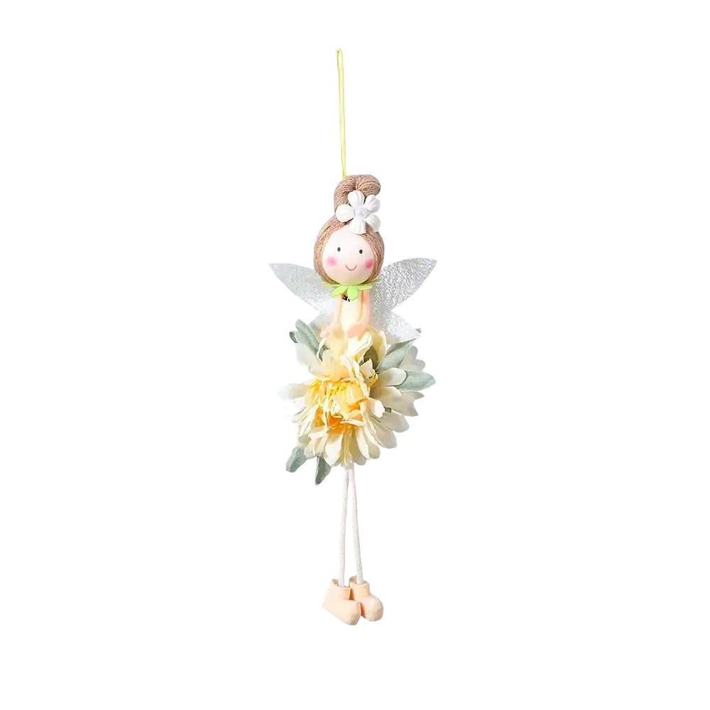 A charming beige Easter Flower Fairy pendant doll with silver wings and a floral dress of yellow and white fabric flowers