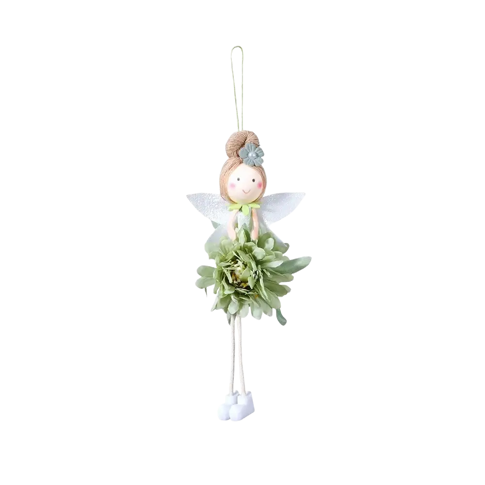 Easter flower fairy pendant doll with beige bun hairstyle, light blue flower, white wings, and green fabric petal skirt