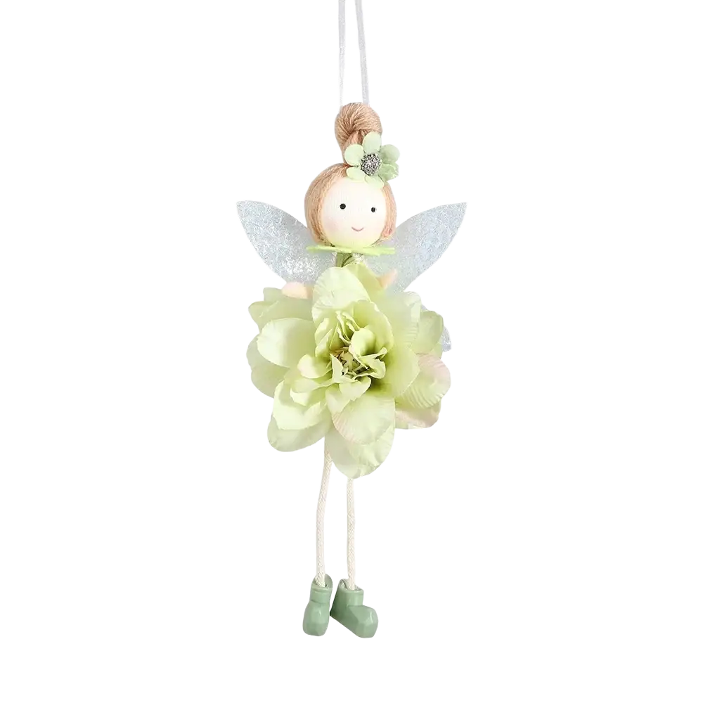Easter flower fairy pendant doll with delicate light green translucent wings floral layered fabric dress and tiny boots
