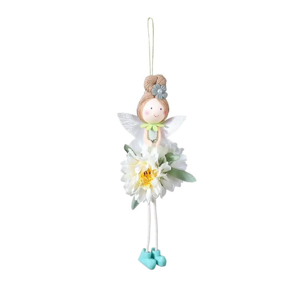 Easter flower fairy pendant doll with beige bun gray flower translucent white wings and layered white yellow flower dress