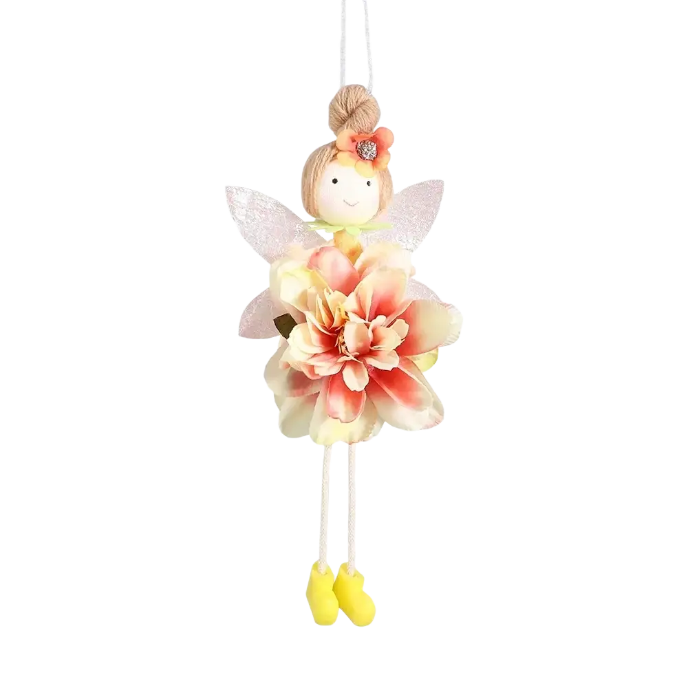Easter flower fairy pendant doll with peach cream flower dress, glittery wings, yellow boots, and orange floral bun accessory