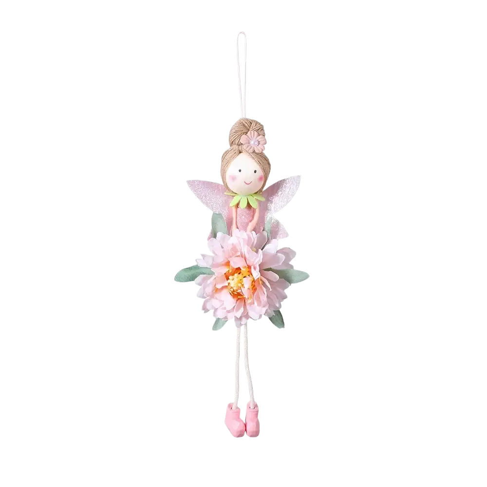 Easter Flower Fairy pendant doll with delicate pink floral dress, glittery wings, and beige hair tied in a flower bun