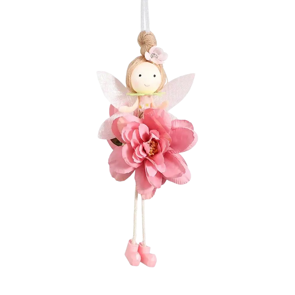 Easter flower fairy pendant doll featuring a delicate pink floral dress, translucent wings, and blonde hair in a bun