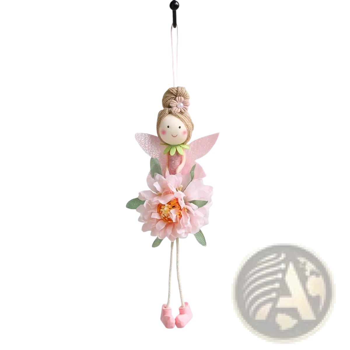 A delicate pink easter flower fairy pendant doll with lace-like wings and a floral skirt hanging from a string
