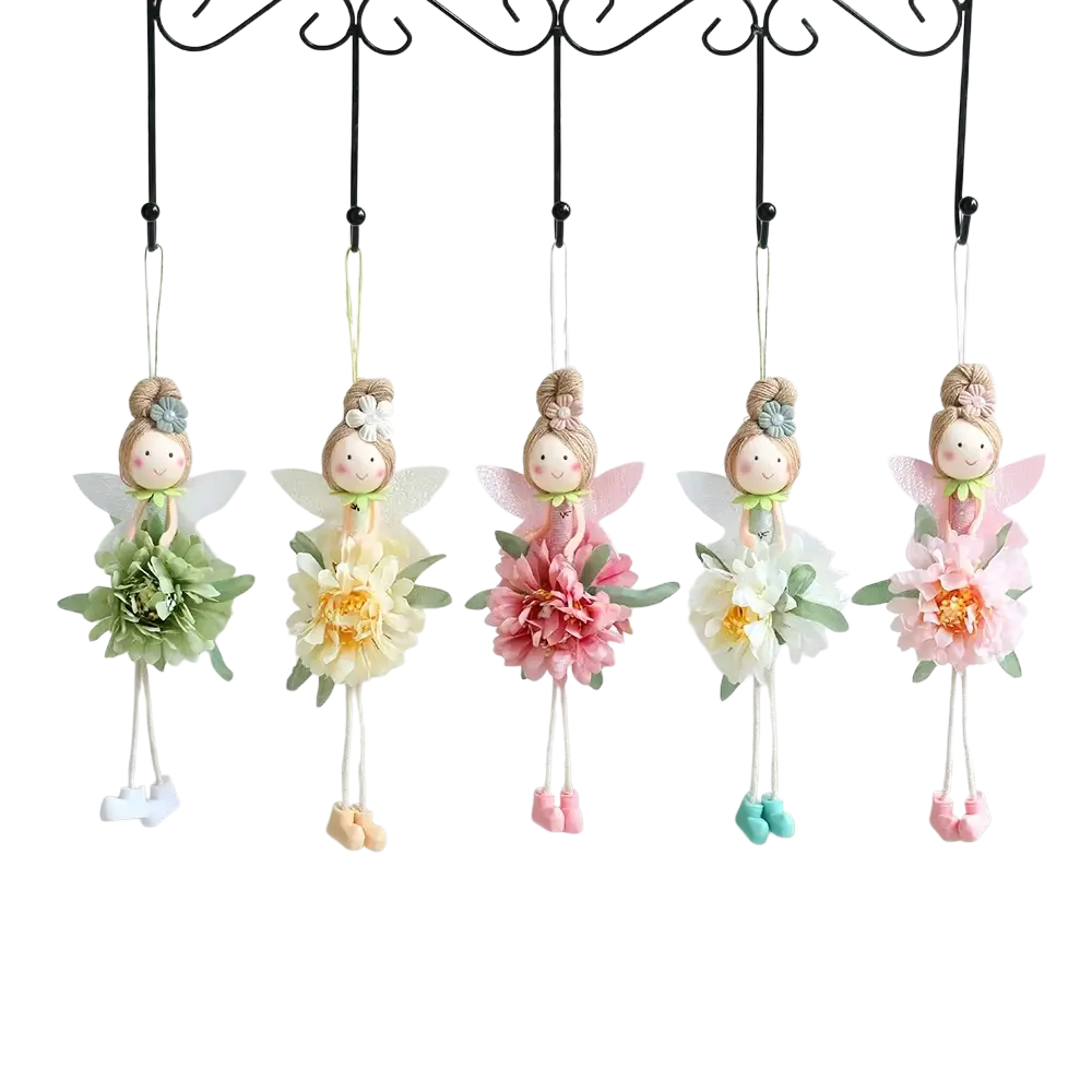 Five delicate Easter flower fairy pendant dolls with soft faces, braided hair, and pastel layered fabric petal dresses