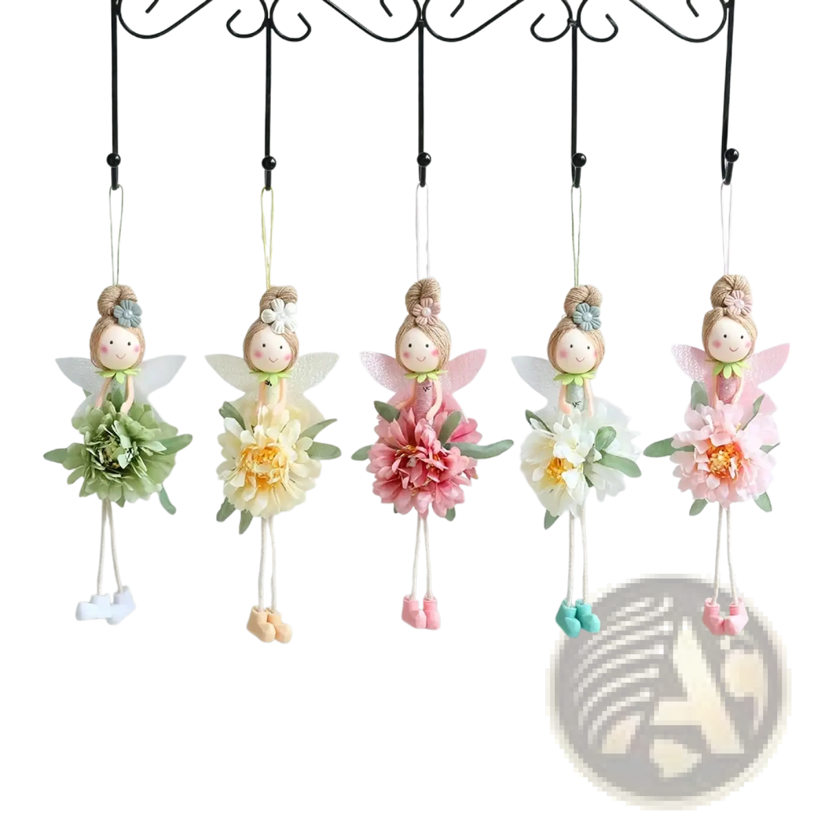 Five delicate Easter flower fairy pendant dolls with soft faces, braided hair, and pastel layered fabric petal dresses