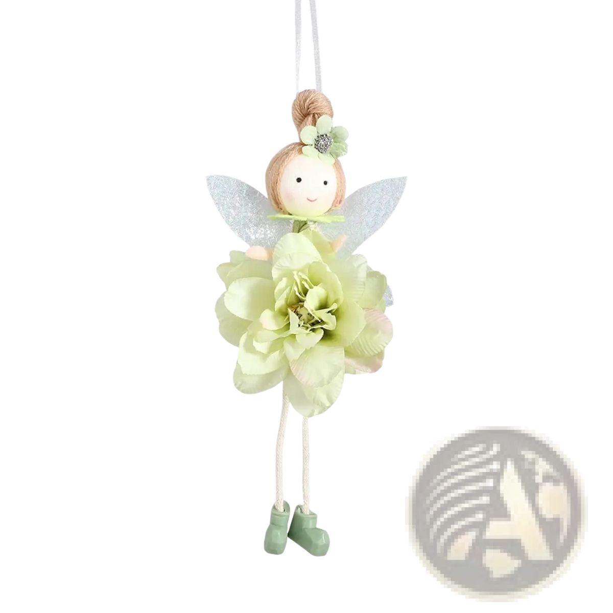 Easter flower fairy pendant doll with delicate light green translucent wings floral layered fabric dress and tiny boots
