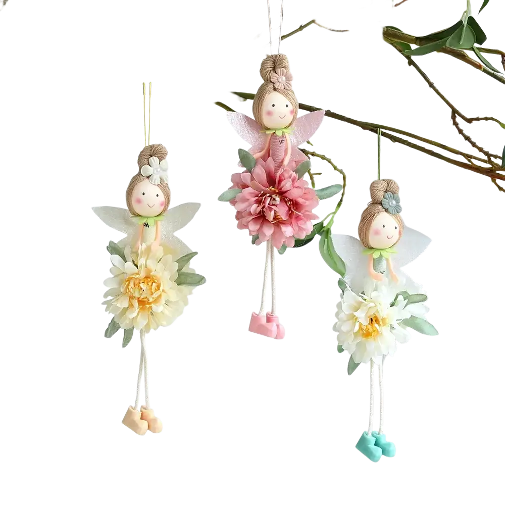 Three delicate easter flower fairy pendant dolls with large artificial flowers and dangling shoes in cream pink and teal