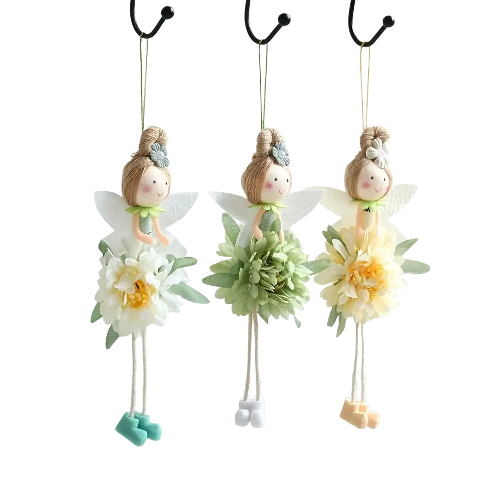 Easter flower fairy pendant dolls with beige heads fabric wings and layered floral skirts in white green and cream colors