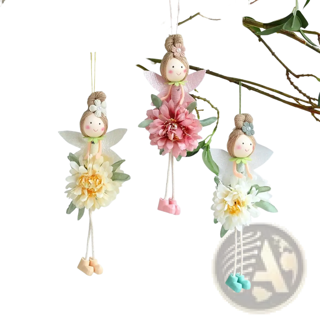 Three delicate easter flower fairy pendant dolls with large artificial flowers and dangling shoes in cream pink and teal