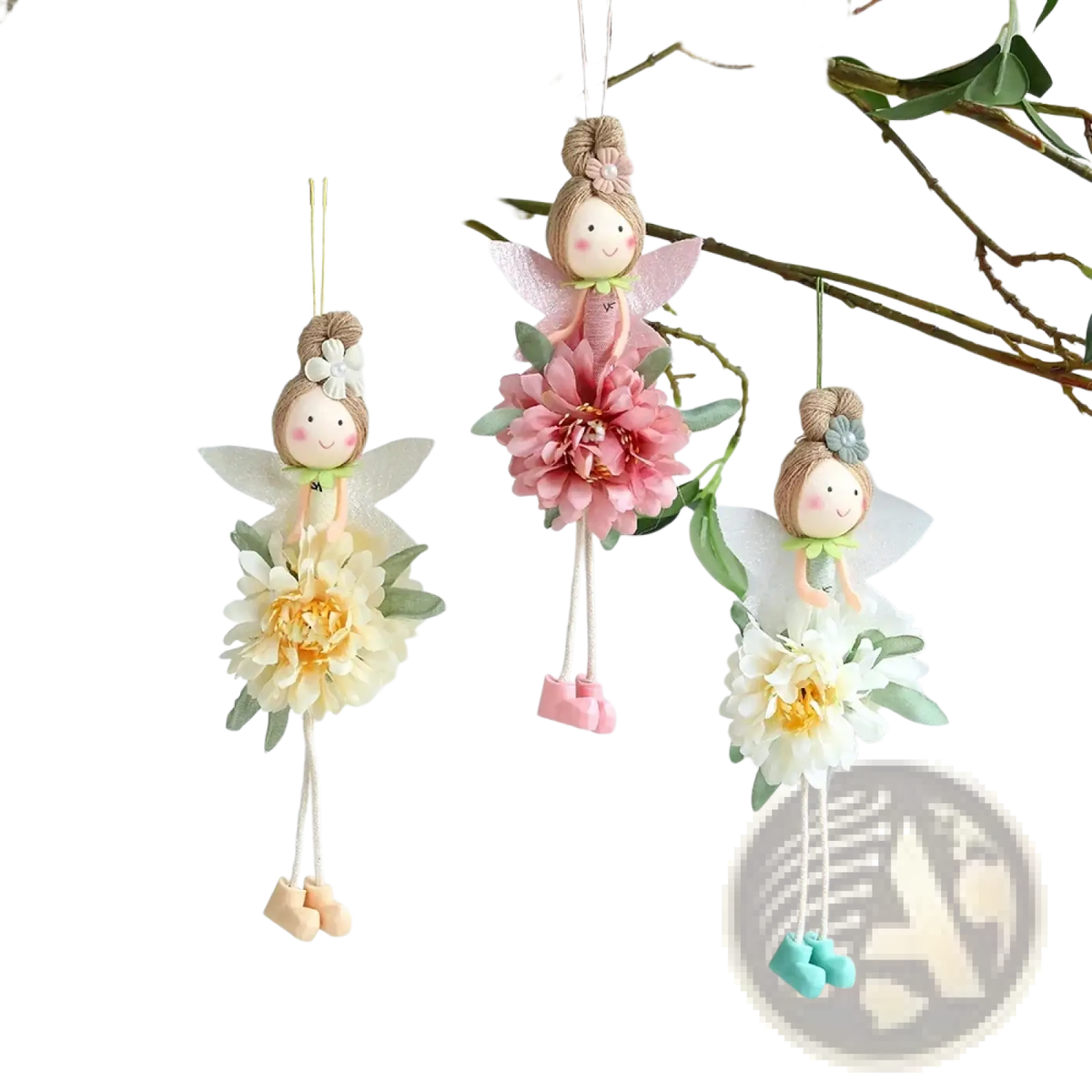 Three delicate easter flower fairy pendant dolls with large artificial flowers and dangling shoes in cream pink and teal
