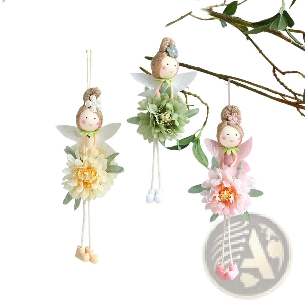 Three delicate Easter flower fairy pendant dolls with pastel fabric dresses and large cream green and pink floral embellishments