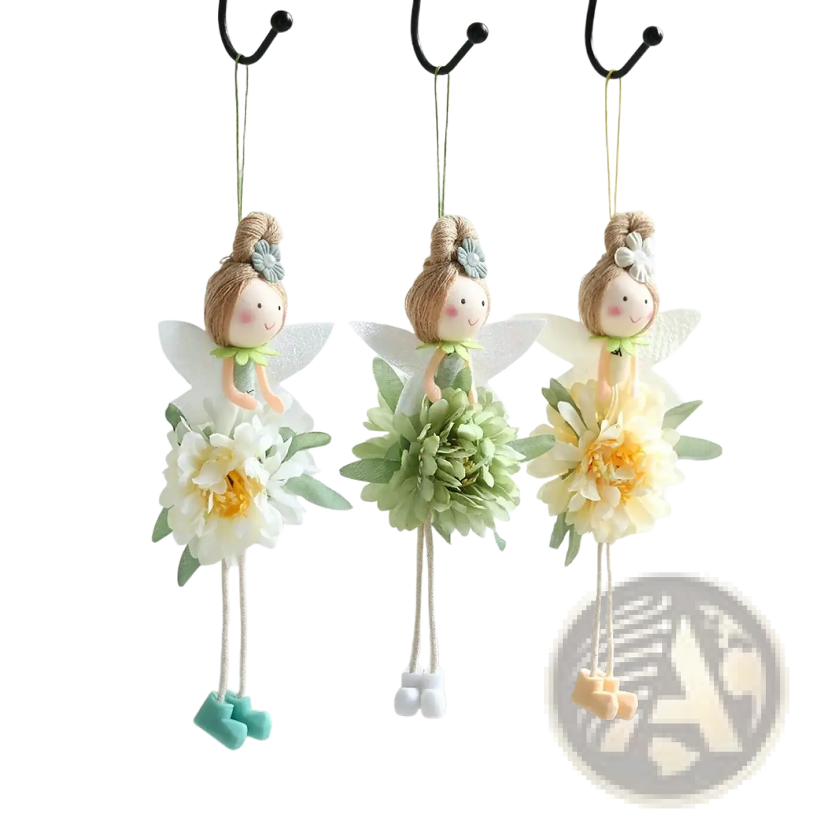Easter flower fairy pendant dolls with beige heads fabric wings and layered floral skirts in white green and cream colors