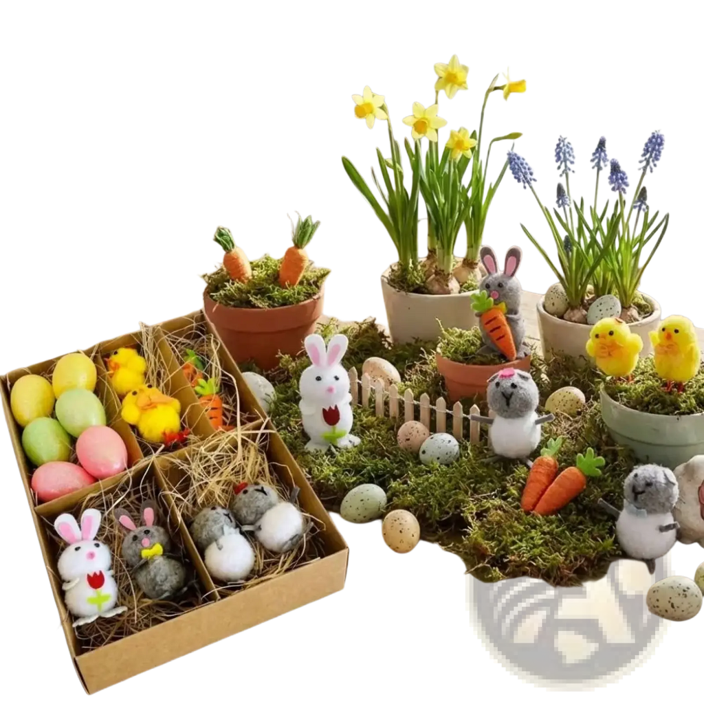 A charming easter garden scene figurine diy decoration set with felt bunny and chick figurines and colorful eggs