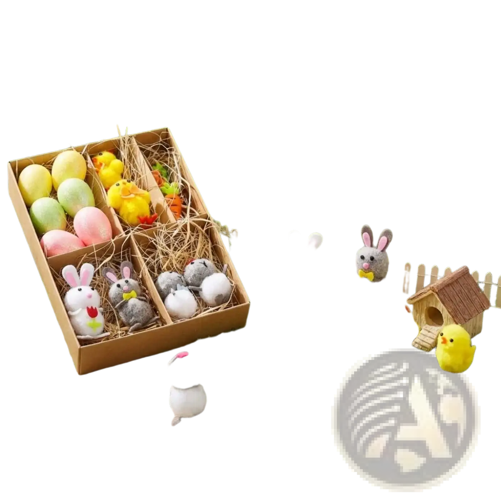 A charming miniature easter garden scene figurine diy decoration set with wooden box, colorful felt eggs, and plush bunnies