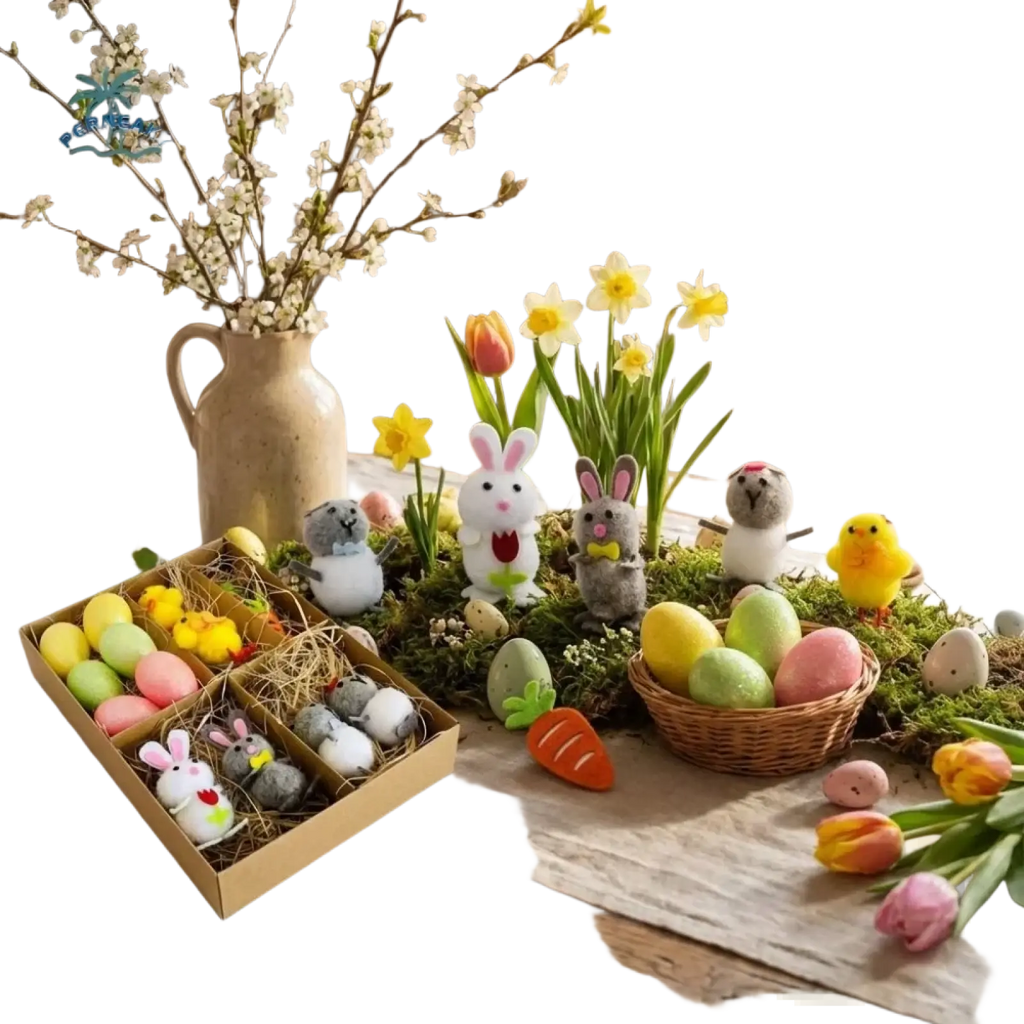 Pastel-colored felt easter bunny figurine with embroidered red heart and white ears for easter garden scene decoration