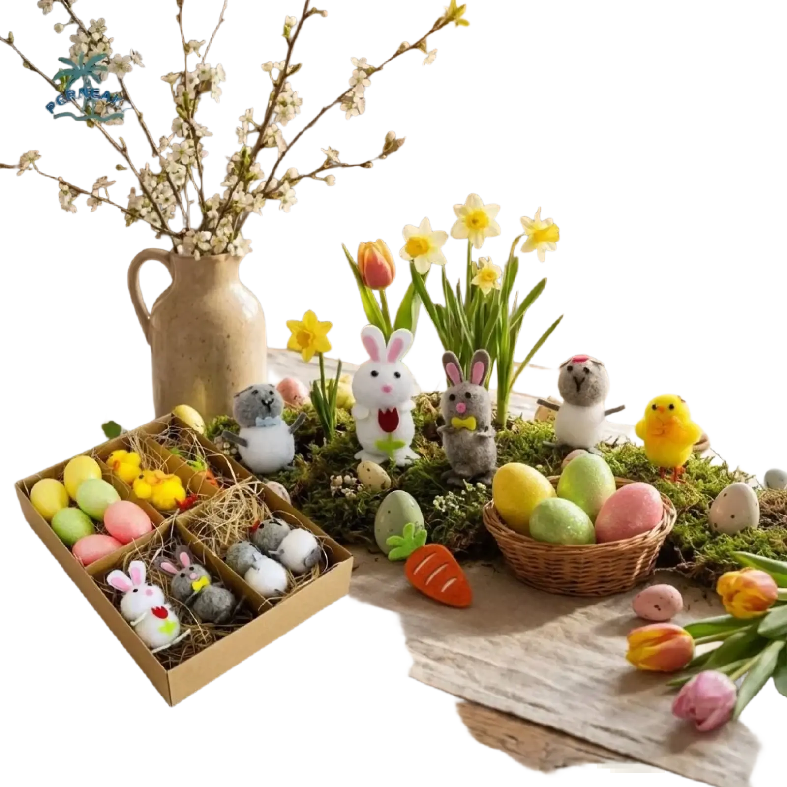 Pastel-colored felt easter bunny figurine with embroidered red heart and white ears for easter garden scene decoration