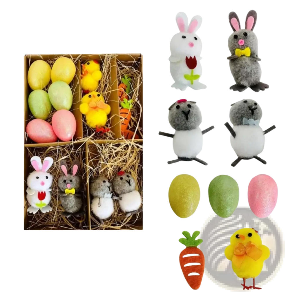 A set of plush easter garden scene figurine diy decoration set featuring pastel bunnies chicks and a carrot
