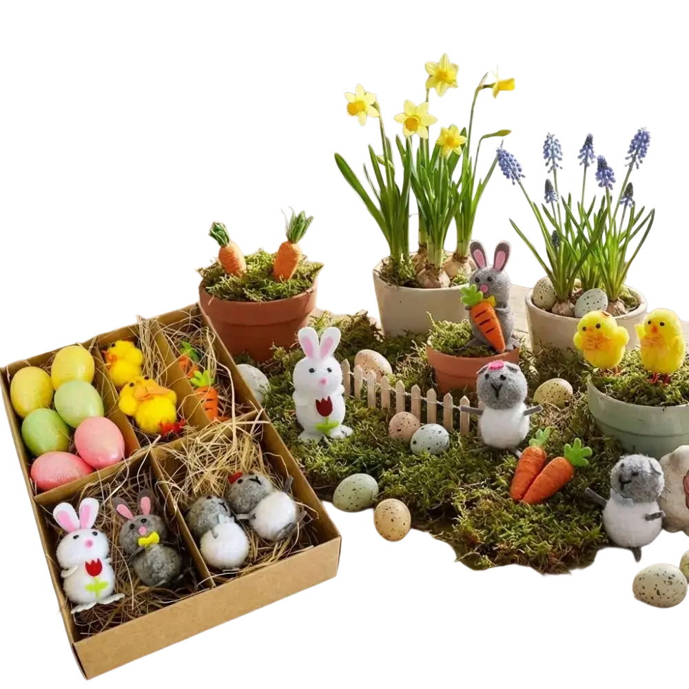 A charming easter garden scene figurine diy decoration set with felt bunny and chick figurines and colorful eggs