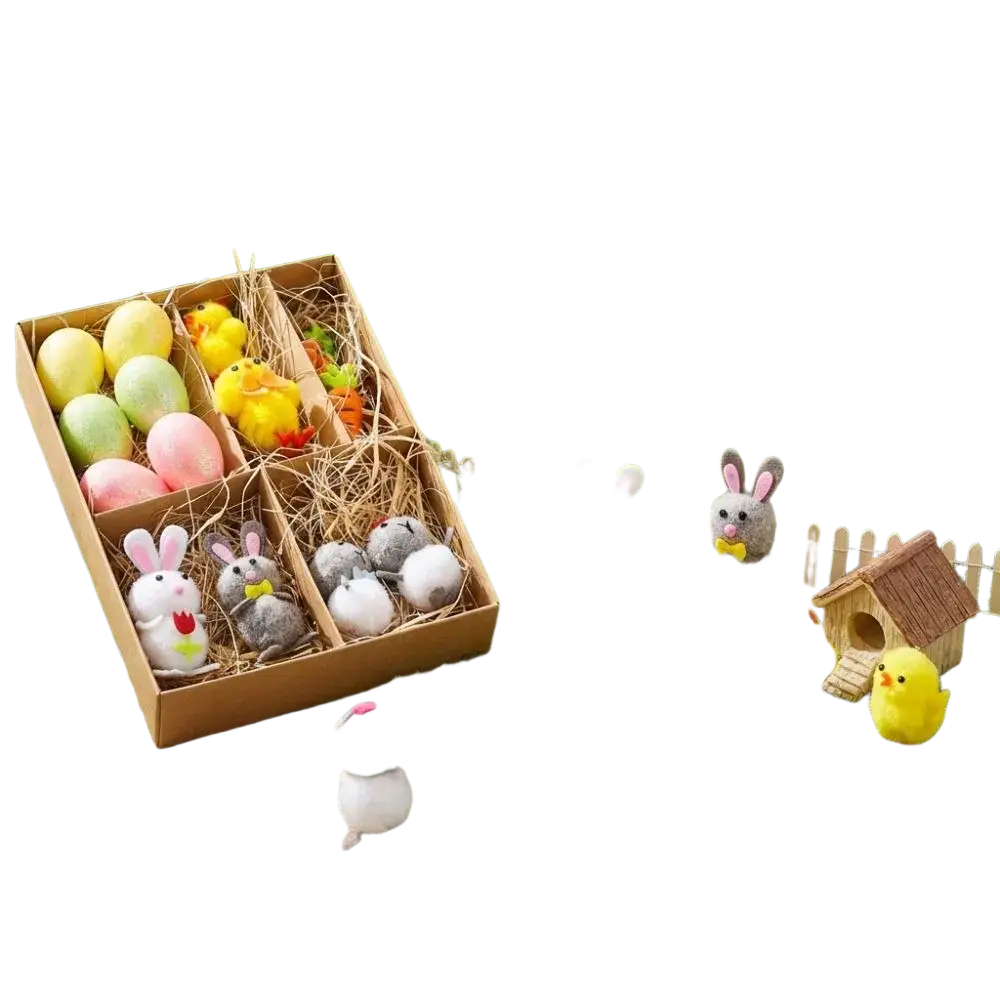 A charming miniature easter garden scene figurine diy decoration set with wooden box, colorful felt eggs, and plush bunnies