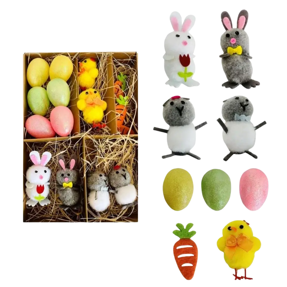 A set of plush easter garden scene figurine diy decoration set featuring pastel bunnies chicks and a carrot