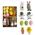 A set of plush easter garden scene figurine diy decoration set featuring pastel bunnies chicks and a carrot