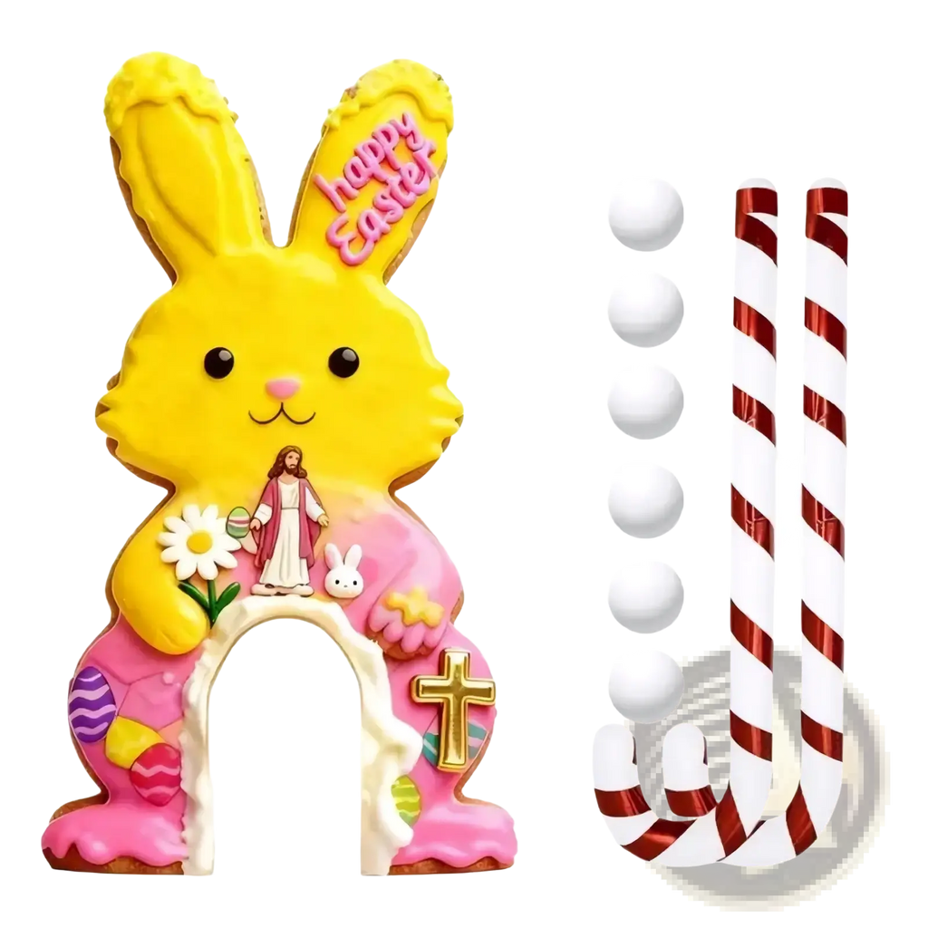 Easter golf game set kids portable toy featuring a yellow and pink easter bunny cookie arch with religious decorations