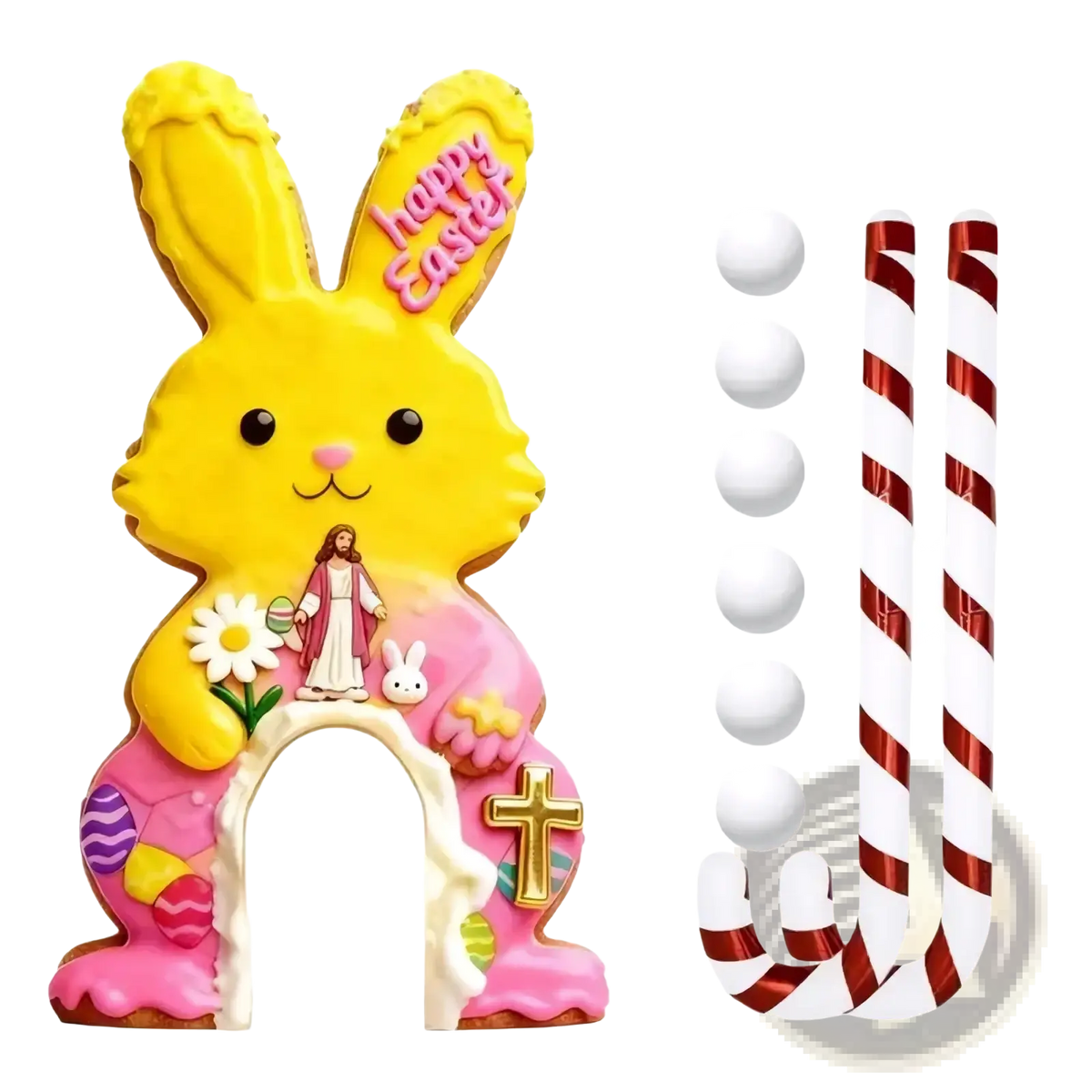 Easter golf game set kids portable toy featuring a yellow and pink easter bunny cookie arch with religious decorations