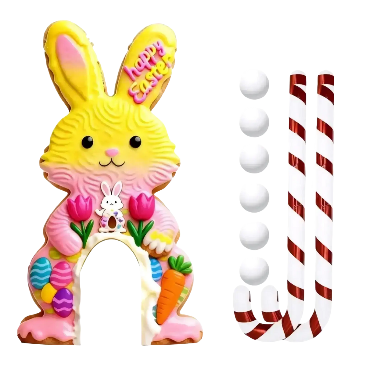 A cheerful yellow and pink easter bunny cookie cutter with happy easter text for easter golf game kids party activity