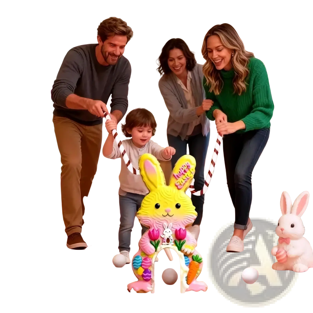 A cheerful yellow easter bunny arch with pink and purple floral accents holding a happy easter sign in a kids portable golf game set