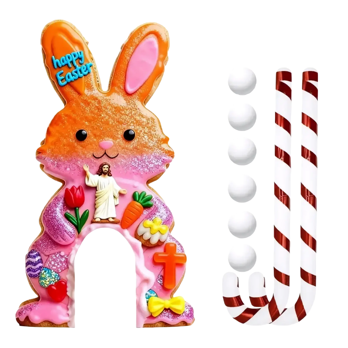 A festive orange and pink easter bunny cookie with glitter and candy-themed jesus and floral decorations for kids party