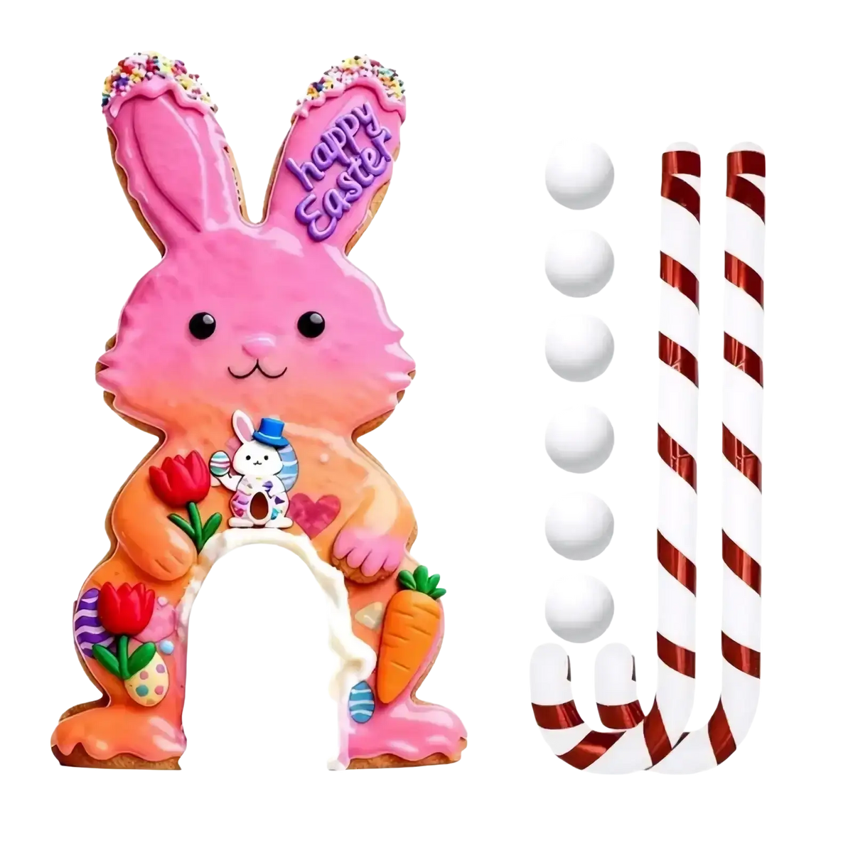 Easter golf game set featuring a pink and orange frosted bunny cookie arch with candy sprinkles and festive decor