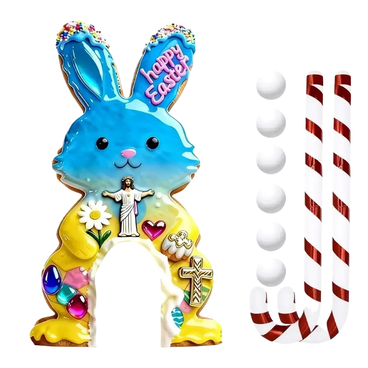 A vibrant blue and yellow easter golf game cookie with colorful icing, religious imagery, and happy easter message