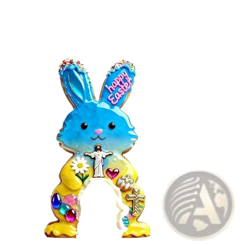 A vibrant blue and yellow easter bunny-shaped cookie with colorful sprinkles and edible icing decoration